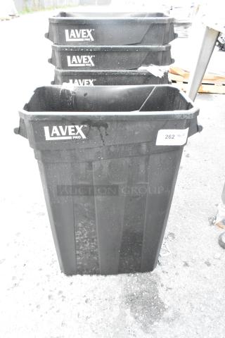 4 Lavex 475WHPRO23BK Pro 23-gallon slim black trash cans, new with slight scratches, logo on side, lot tag visible.