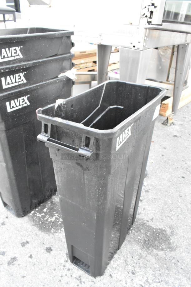4 Lavex 475WHPRO23BK Pro 23 Gallon Black Slim Trash Cans, new, minor scratches. Sturdy plastic, stackable.