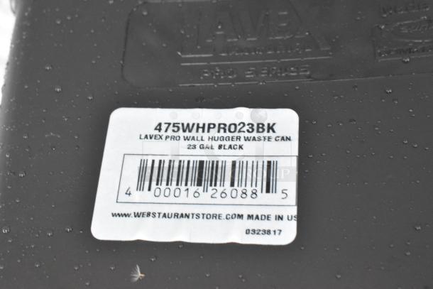 4 new Lavex 475WHPRO23BK 23-gallon black slim trash cans. Scratch and dent condition. Label shows model, capacity, and site info.