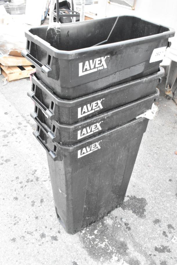 4 Lavex 475WHPRO23BK Pro 23-gallon black slim rectangular trash cans, brand new with minor scratches and dents.