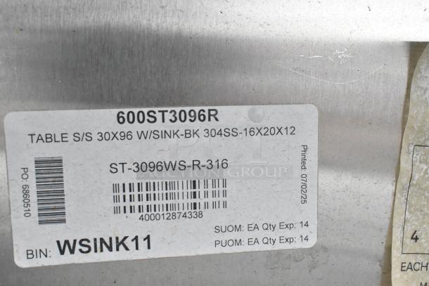 BRAND NEW Regency 600ST3096R stainless steel tabletop with sink bay. Scratch and dent condition. No legs included. Tags show model 30x96, sink size 16x20x12.