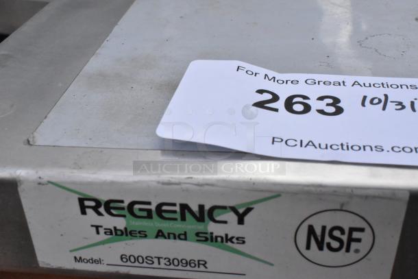 BRAND NEW SCRATCH AND DENT Regency 600ST3096R stainless steel tabletop with sink bay, no legs, NSF certified.