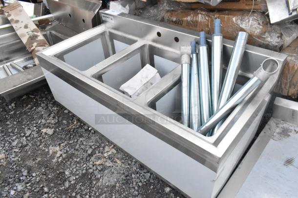 Brand new Regency 600B31014 3-bowl underbar sink, size 38.5" x 18.75", stainless steel, with minor scratches and dents.