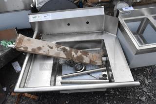 Brand new Regency 600DDT36L soiled dish table, 3' with left drainboard, 16-gauge steel, minor scratches, NSF label visible.