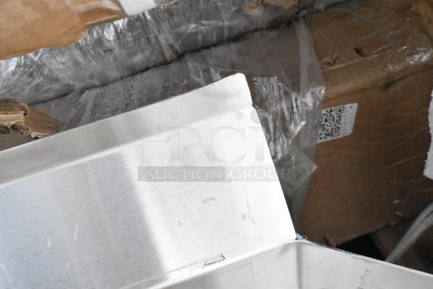 Regency 600DDT36L 3' soiled dish table, 16 gauge, brand new with scratches. Left drainboard, stainless steel, QR code label visible.