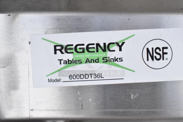 Regency 600DDT36L 16 Gauge 3' dish table, left drainboard, stainless steel, brand new with minor scratches.
