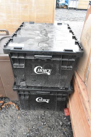 Two new Choice black poly bins with lids. Slight scratches and dents visible. Stackable design. Auction label present.