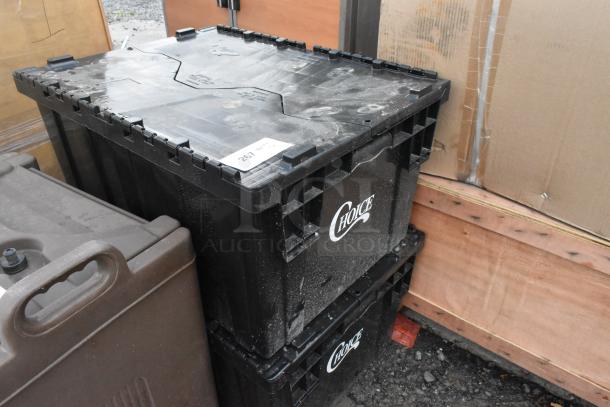 Black Choice poly bins, new with scratches, stackable design, visible brand logo, marked with "267," ideal for storage.