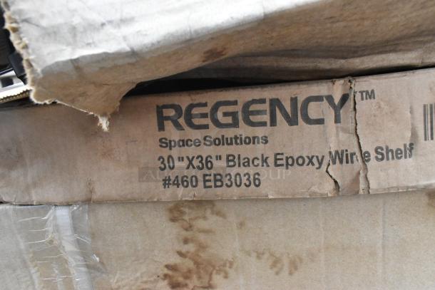 Regency 30" x 36" NSF Black Epoxy Wire Shelf in packaging, model #460EB3036, showing label with product details.