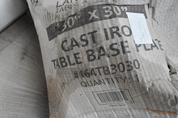 Package labeled "30x30 Cast Iron Table Base Plate" 164TB3030, visibly worn, quantity 1.