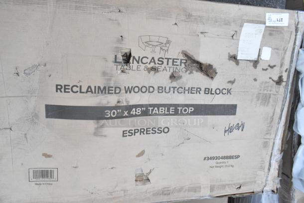 Damaged box for Lancaster Table & Seating 30" x 48" wood butcher block table top in espresso finish, model 3493048BBESP.
