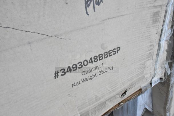 Box marked #3493048BBESP, containing 30"x48" Lancaster Table & Seating wood butcher block table top, espresso finish.