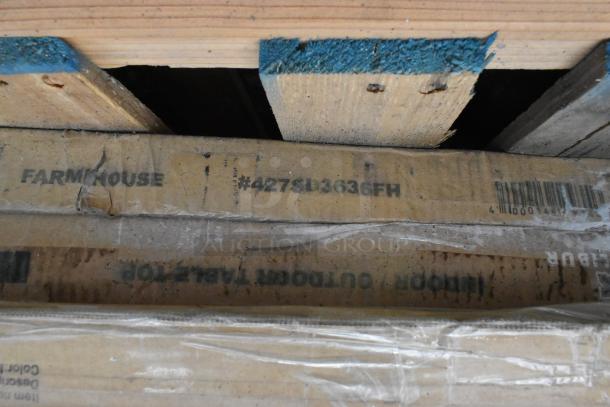 7 new scratch and dent Lancaster table tops, including 427SD3636FH with farmhouse finish and others, in packaging.