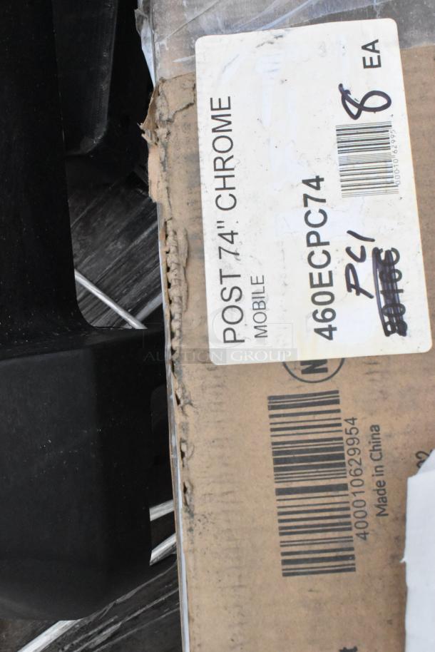 Cardboard box with label showing "POST 74" CHROME MOBILE, 460ECPC74" and barcode. Minor wear visible on packaging.