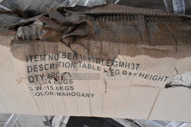 Damaged box showing item number 164TBLEGMH37 for table leg height in mahogany color, weight 15.6 kg.