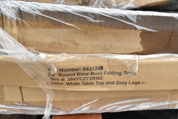 Cardboard box labeled "72" Round Blow Mold Folding Table," item #384YCZ72RND, with white top and gray legs, in packaging.