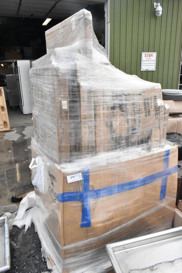 Pallet of 10 new scratch and dent items including Regency work tables, wrapped in plastic, visible labels and markings.