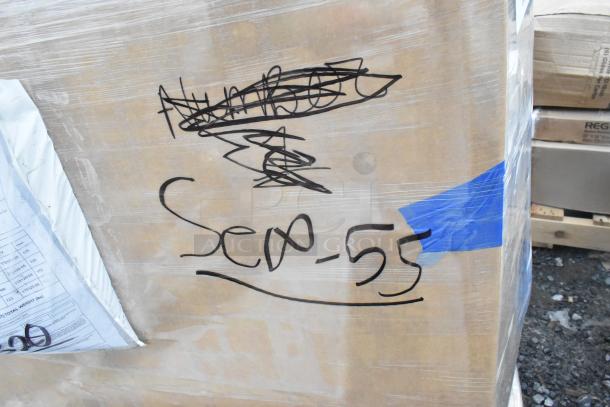 Pallet with 10 brand new Regency work tables, scratch and dent, wrapped in plastic. Marked "Sep-55." Auction lot.