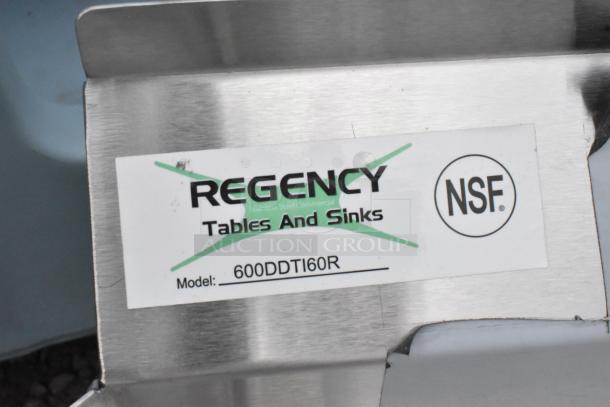 Brand new Regency 600DDTI60R 5' 16-gauge stainless steel soiled L-shape dishtable. Scratch and dent. No legs. NSF certified.