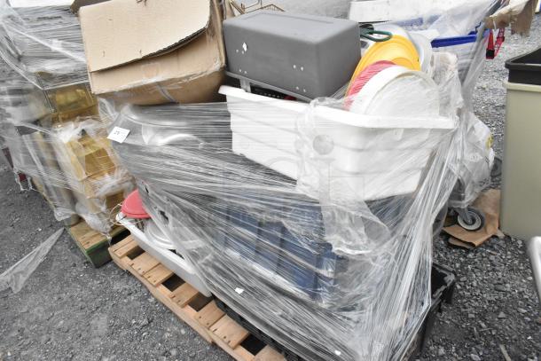 Lot of items on pallet, including metal fry baskets, poly bins, and bowls, wrapped in plastic. Mixed condition.