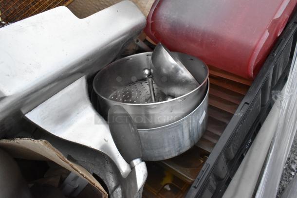 Lot of items including metal fry baskets, poly bins, and bowls in mixed condition, ideal for kitchen use.