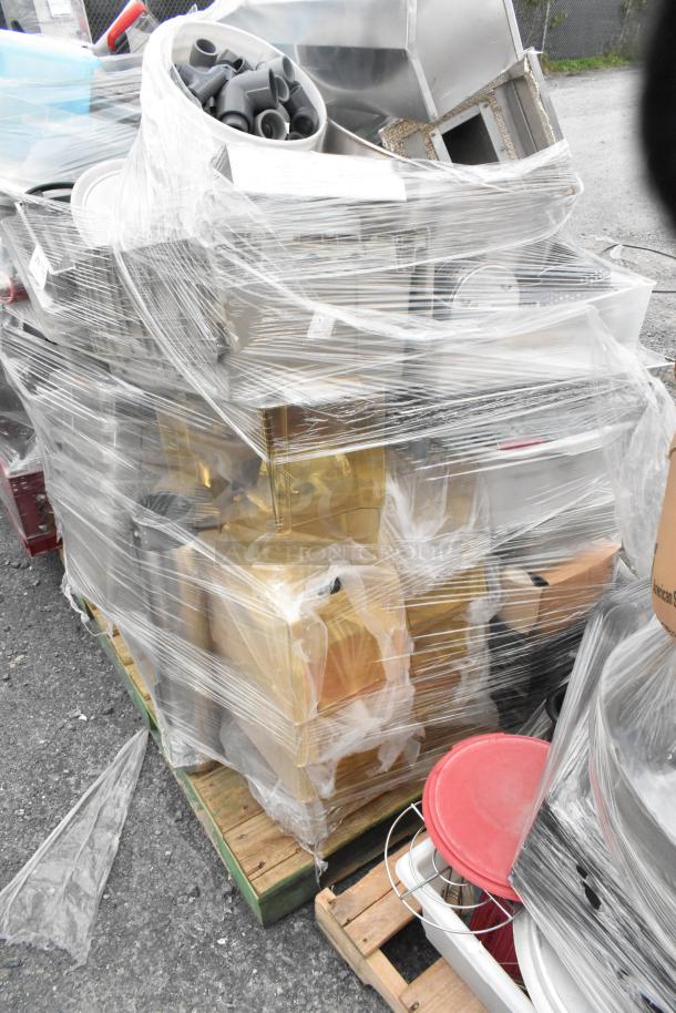 Lot of assorted items on pallet, including poly bins, poly lids, and wire shelves, wrapped in plastic sheeting.
