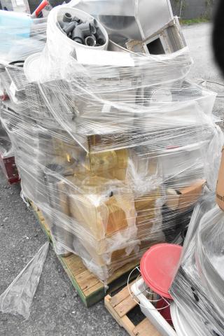 Lot of assorted items on pallet, including poly bins, poly lids, and wire shelves, wrapped in plastic sheeting.