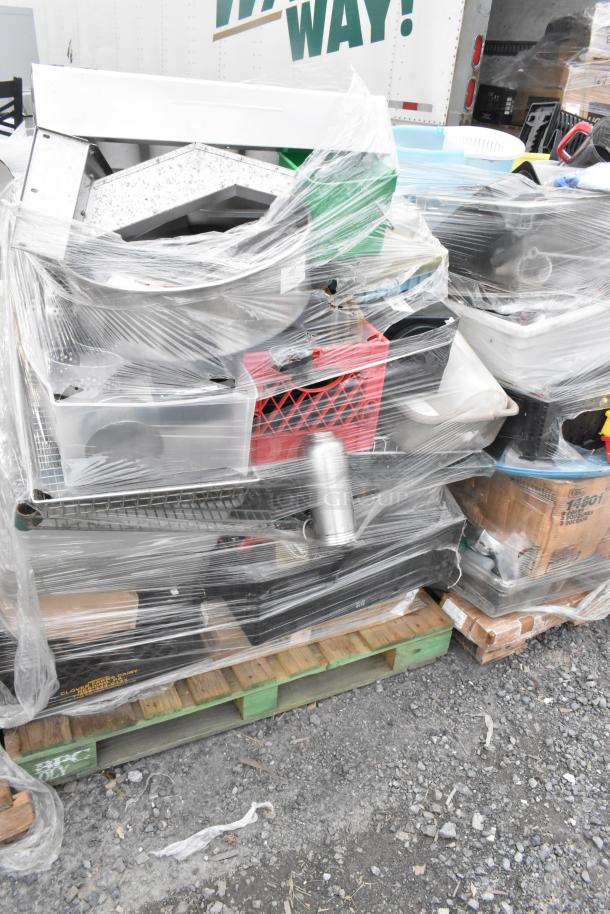 Lot of items on pallet, including poly bins, poly lids, and wire shelves, wrapped in plastic. Mixed condition.