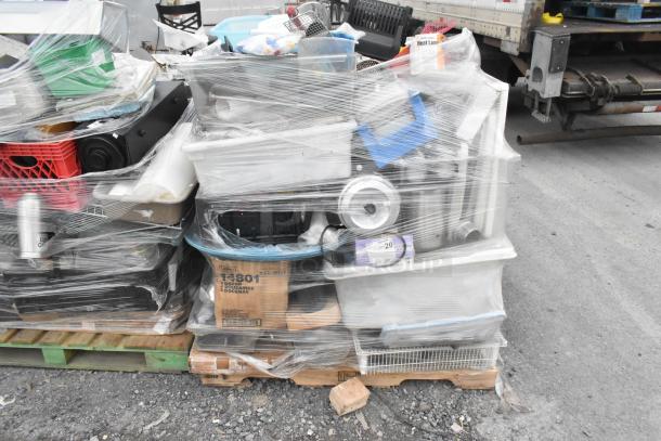 Pallet with assorted items including glassware, gas hose, metal pieces, plastic tubs wrapped in plastic film, fair condition.