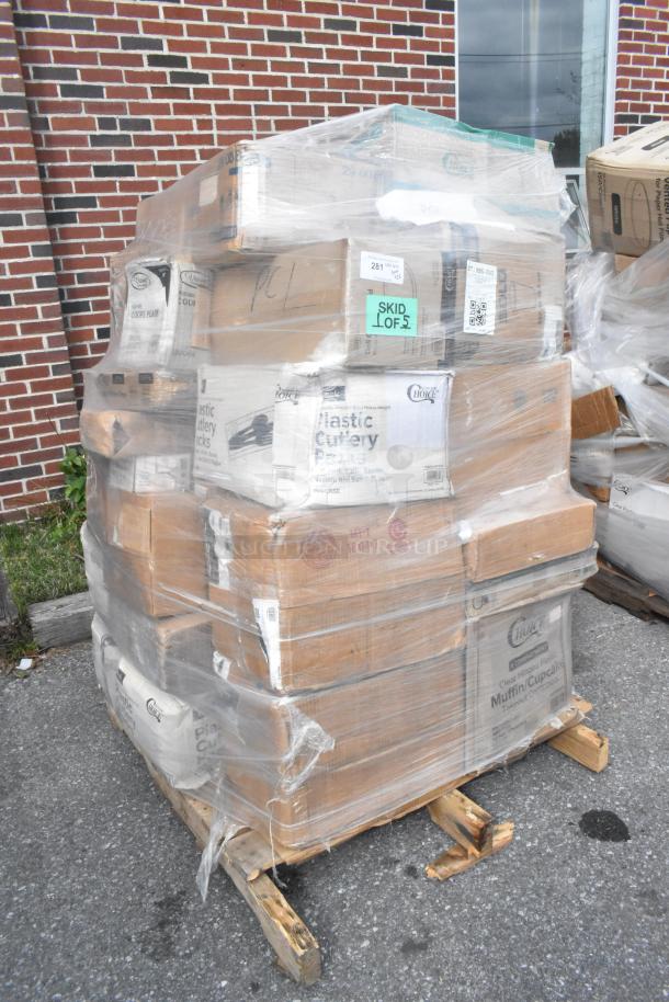 Pallet of assorted brand new scratch and dent items including plastic cutlery, cups, and containers, wrapped in plastic.