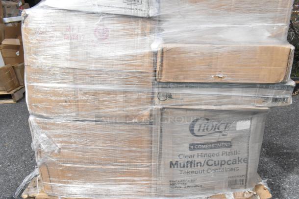 Shrink-wrapped pallet of 25 brand new scratch and dent items including choice clear hinged plastic muffin/cupcake containers.