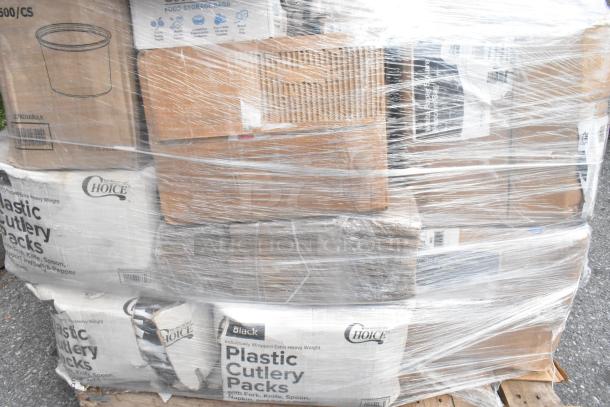 Pallet of new scratch and dent items wrapped in plastic. Includes sandwich bags, containers, cold cups, plastic cutlery.