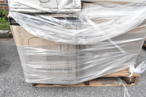 Pallet with plastic-wrapped boxes containing brand new Visions plastic stemless wine glasses and Noble Products latex gloves.