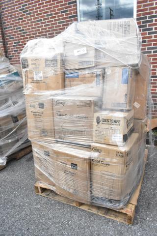 Pallet of assorted brand new food containers and nitrile gloves, wrapped in plastic. Boxes include Choice and BestSafe brands.