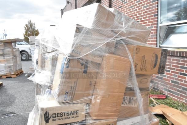 Pallet of new boxed items including Choice take-out containers and BestSafe nitrile gloves wrapped in plastic for auction.
