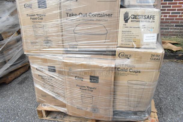 Pallet of 30 new items including Choice take-out containers, polka dot food cups, and BestSafe nitrile gloves, wrapped in plastic.