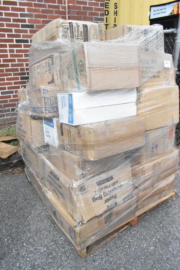 Pallet of assorted scratch and dent items, including lids, paper plates, cups, and containers in original boxes.