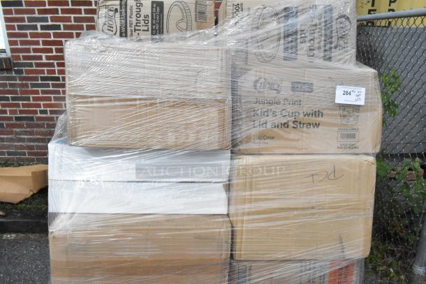 Pallet with 25 new "scratch and dent" boxes, includes lids, paper plates, coffee cups, take-out containers; labels visible.