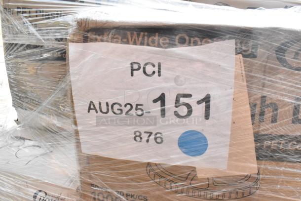 Pallet of assorted brand new scratch and dent items, including lids, paper plates, coffee cups, takeout containers. Wrapped with a label marked "PCI AUG25-151 876" and blue dot.