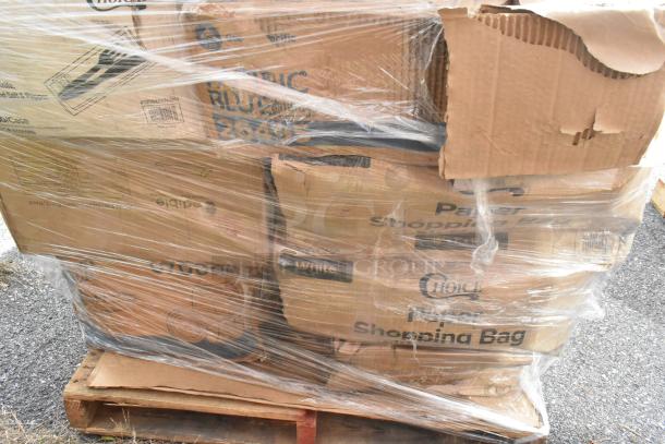 Palette of 25 brand new scratch and dent items, including lids, paper plates, coffee cups, wrapped in plastic. Boxes marked "Pacific Blue" and "Choice."