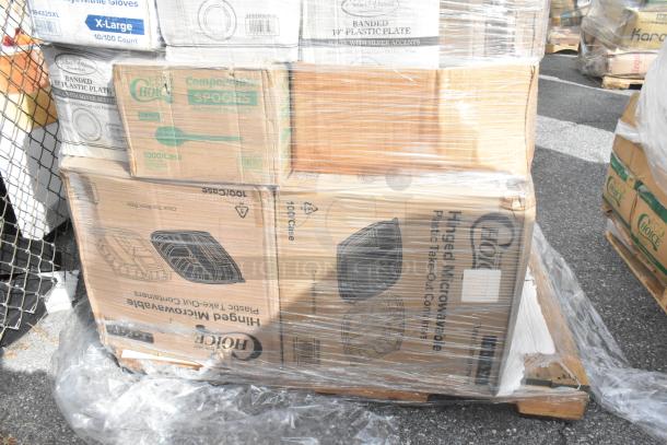 Pallet with various boxed items including ice bags, containers, and spoons. Boxes marked with brands and descriptions. Scratch and dent condition.