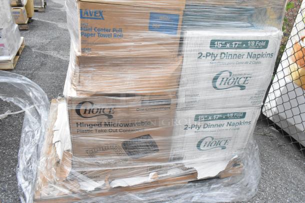 Pallet of boxed items including Lavex paper towels, Choice microwavable containers, and 2-ply dinner napkins, wrapped in plastic.