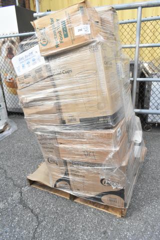 Plastic-wrapped pallet of 30 new boxes containing cold cups, lids, tumblers, and hot cups. Boxes labeled with specs and quantities.