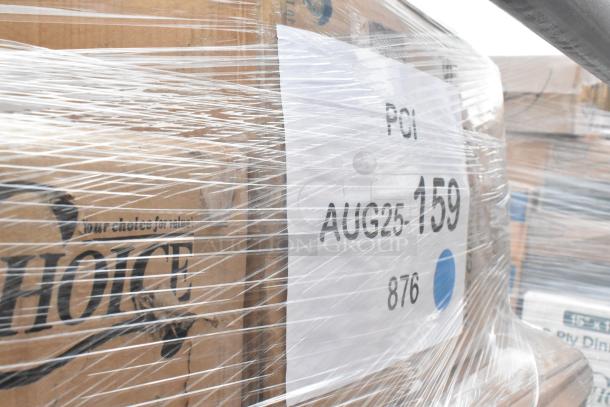 Plastic-wrapped pallet of assorted brand new scratch and dent items, including cups and lids. Label reads "POI AUG25 159."