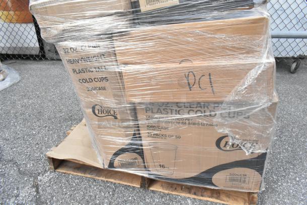 Pallet with 30 boxes of Choice plastic cold cups. Boxes display labels for 32 oz heavyweight, 360/case. Wrapped in clear plastic.