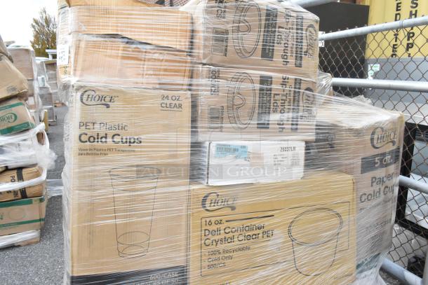 Stack of boxed items including Choice PET Plastic Cold Cups and lids, wrapped in plastic. Brand new, scratch and dent condition.