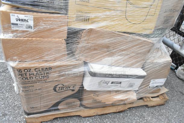 30-brand-new scratch and dent items, including cold cups, lids, tumblers, and hot cups. Plastic-wrapped on a pallet.