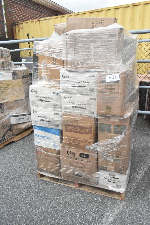 Pallet of 32 scratch and dent boxes containing napkins, cold cups, and plastic forks by Choice and Bell Marque, wrapped in plastic.