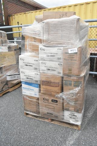 Pallet of 32 scratch and dent boxes containing napkins, cold cups, and plastic forks by Choice and Bell Marque, wrapped in plastic.