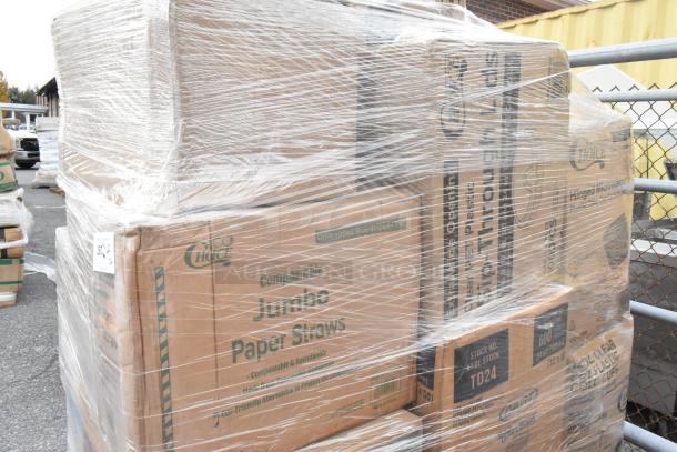 Shrink-wrapped pallet of boxed disposable items, including napkins, cold cups, and plastic forks. Boxes labeled Choice brand.